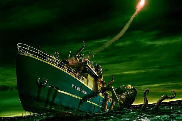 Un pulpo gigante se ha apoderado de la nave. Misil. Fondo verde