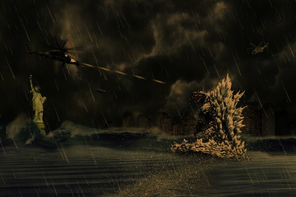 Tiroteo nocturno en Godzilla desde un helicóptero