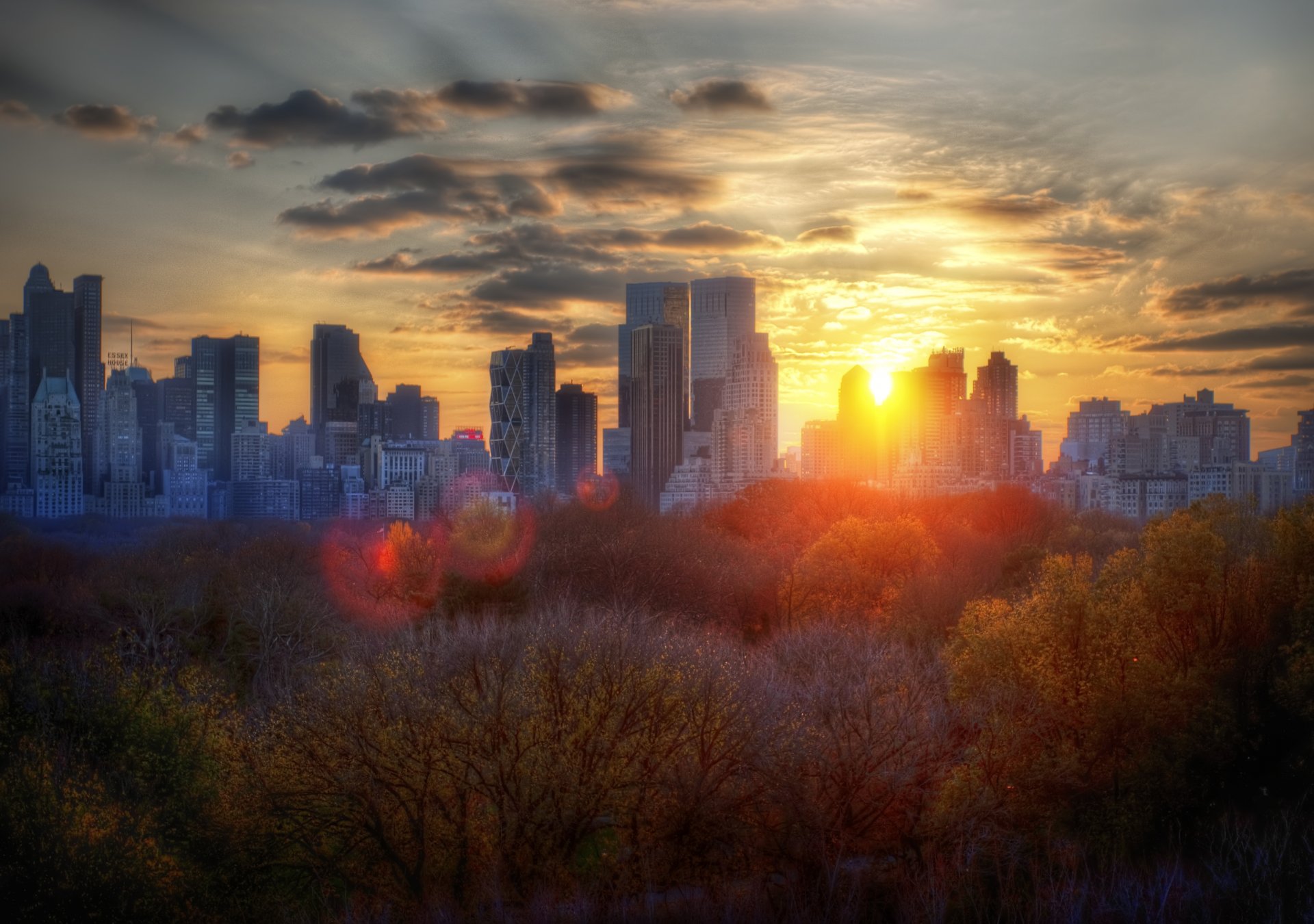 nueva york otoño puesta de sol árboles edificios nubes