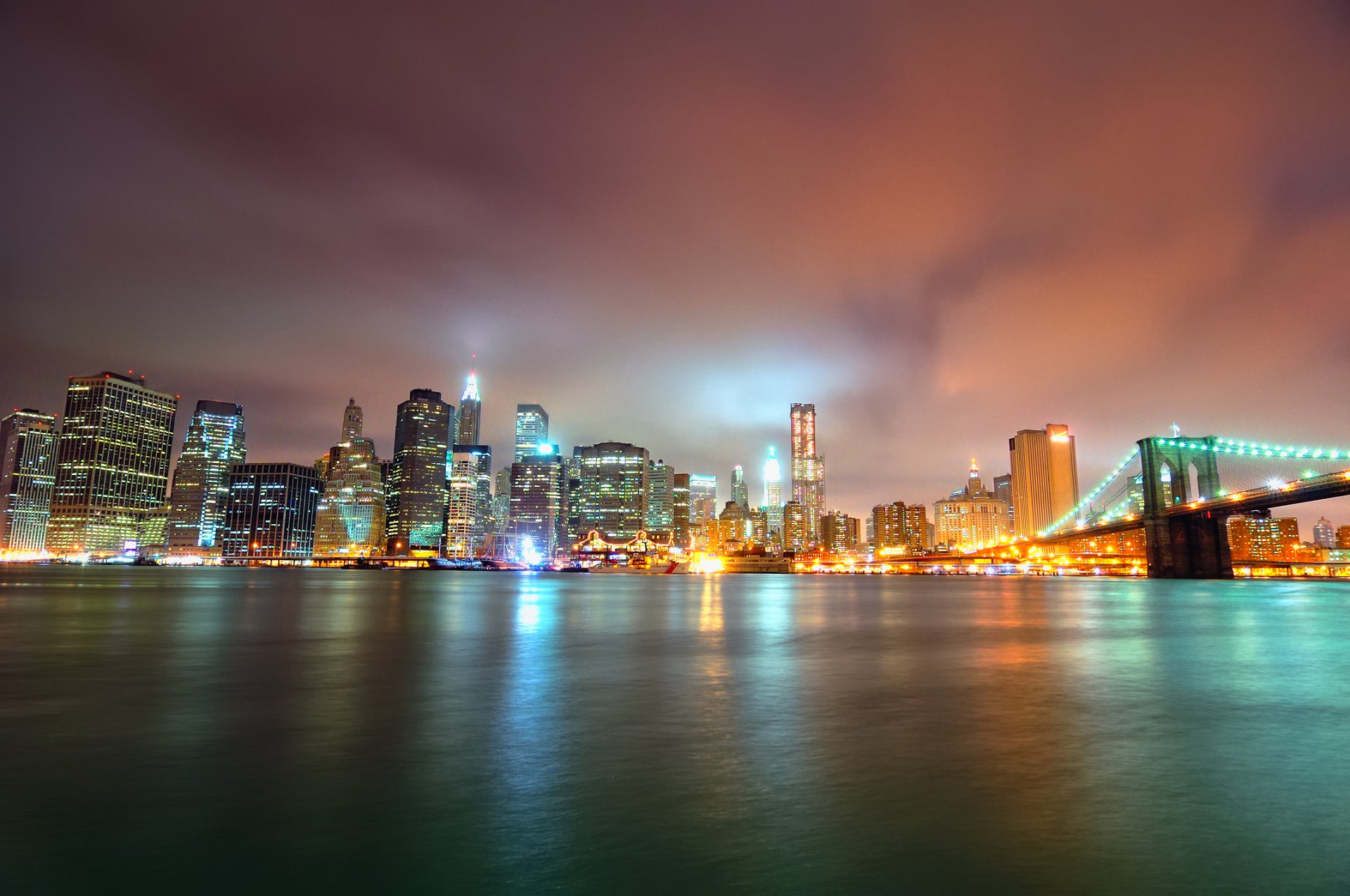manhattan noche brooklyn puente parque nueva york rascacielos luces