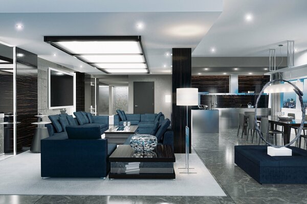 Diseño de sala de estar en estilo azul blanco