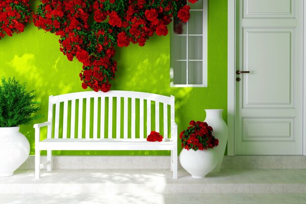 Tienda en la pared verde decorada con flores