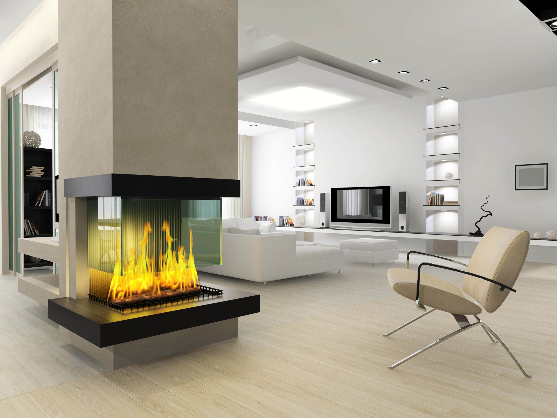 interior diseño estilo habitación chimenea fuego