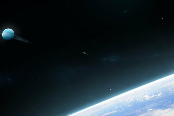 Planeta con anillos en el fondo de la tierra. Vista desde el espacio