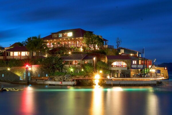 En la orilla del mar, una ciudad nocturna brillante