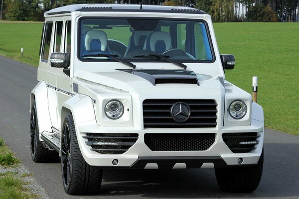 Un elegante gelendwagen blanco contra el césped Inglés