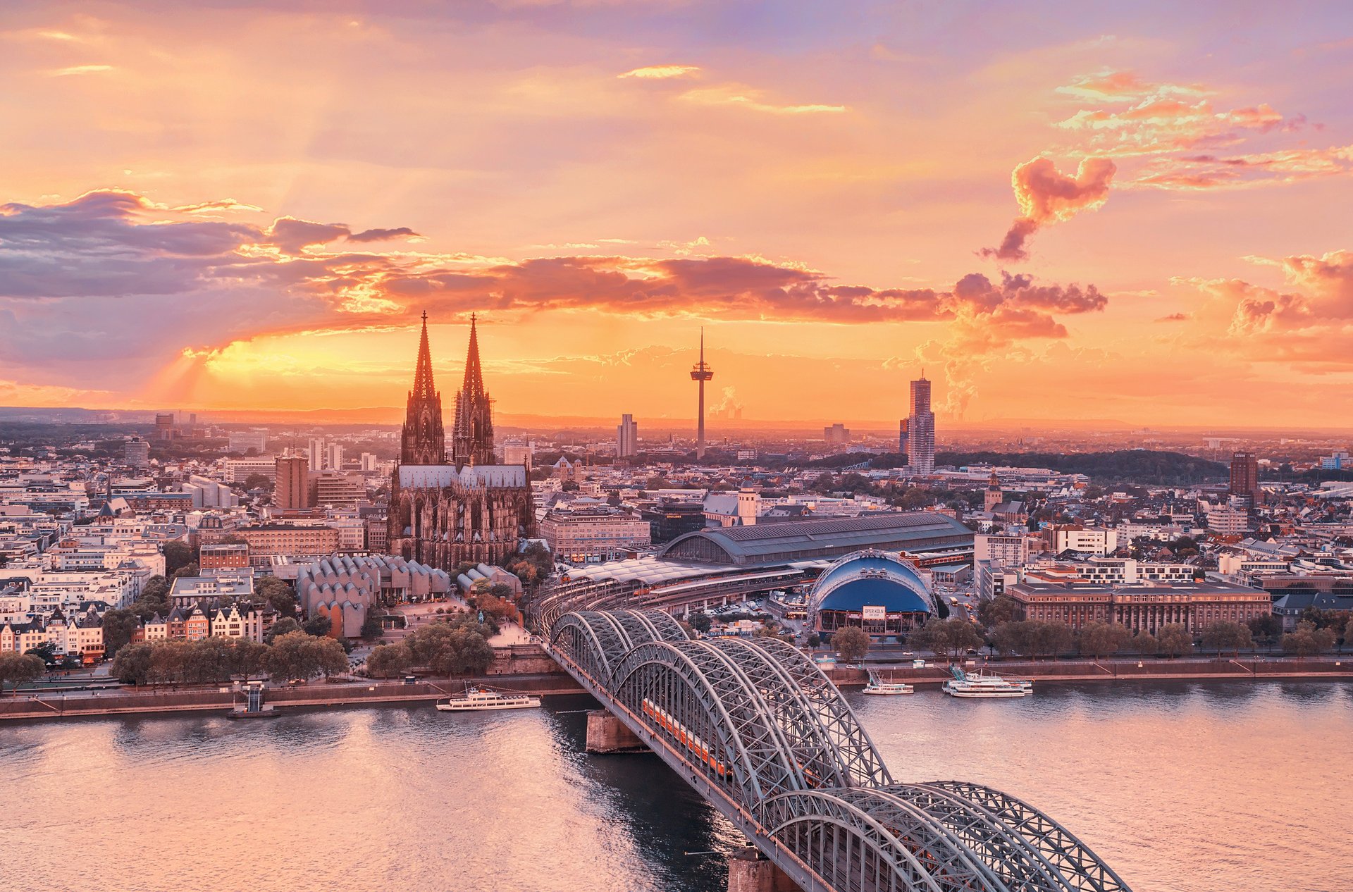 colonia puesta de sol cielo ciudad alemania puente río rin