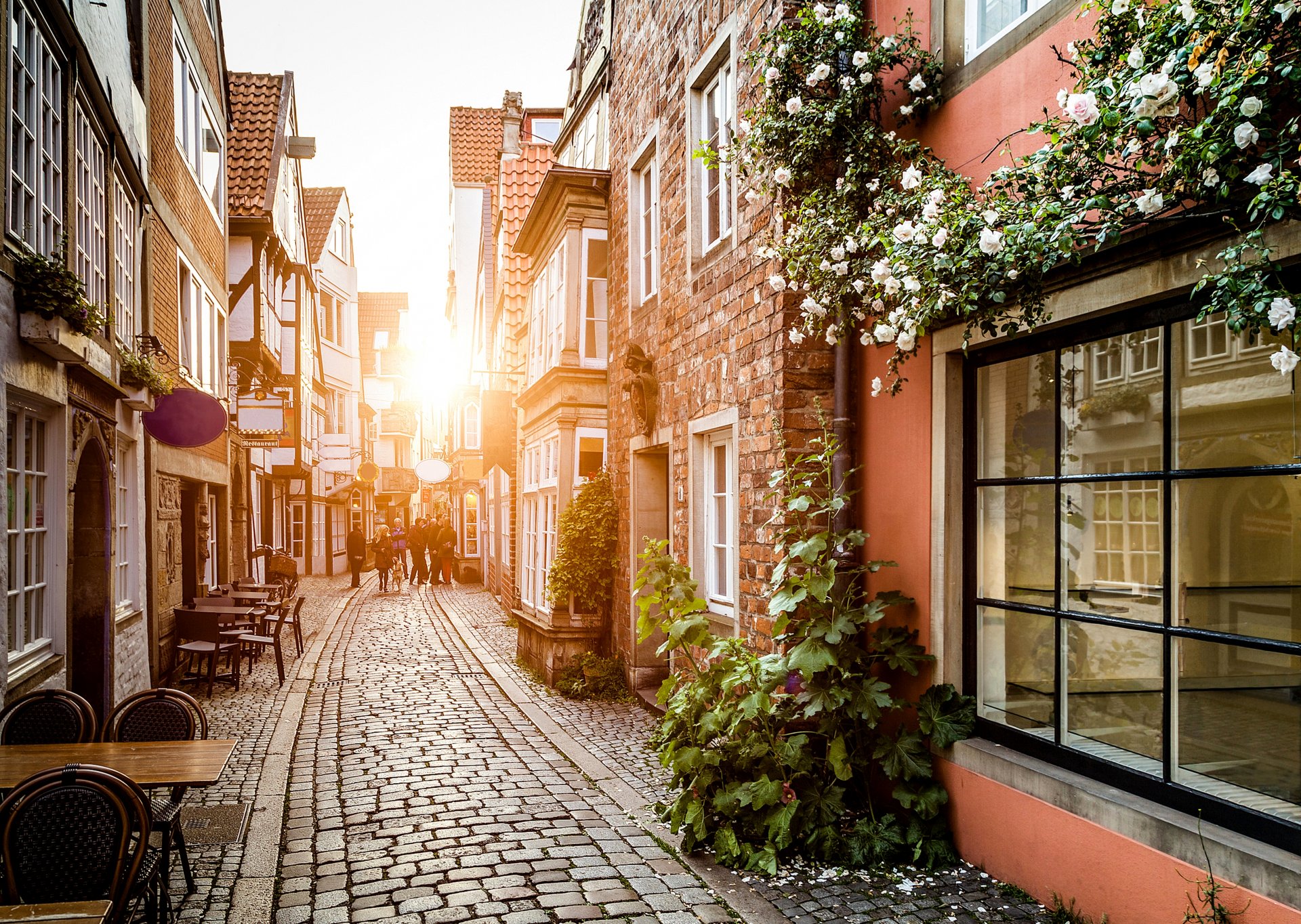 alemania ciudad calle casas edificios ventanas flores camino adoquines mesas personas