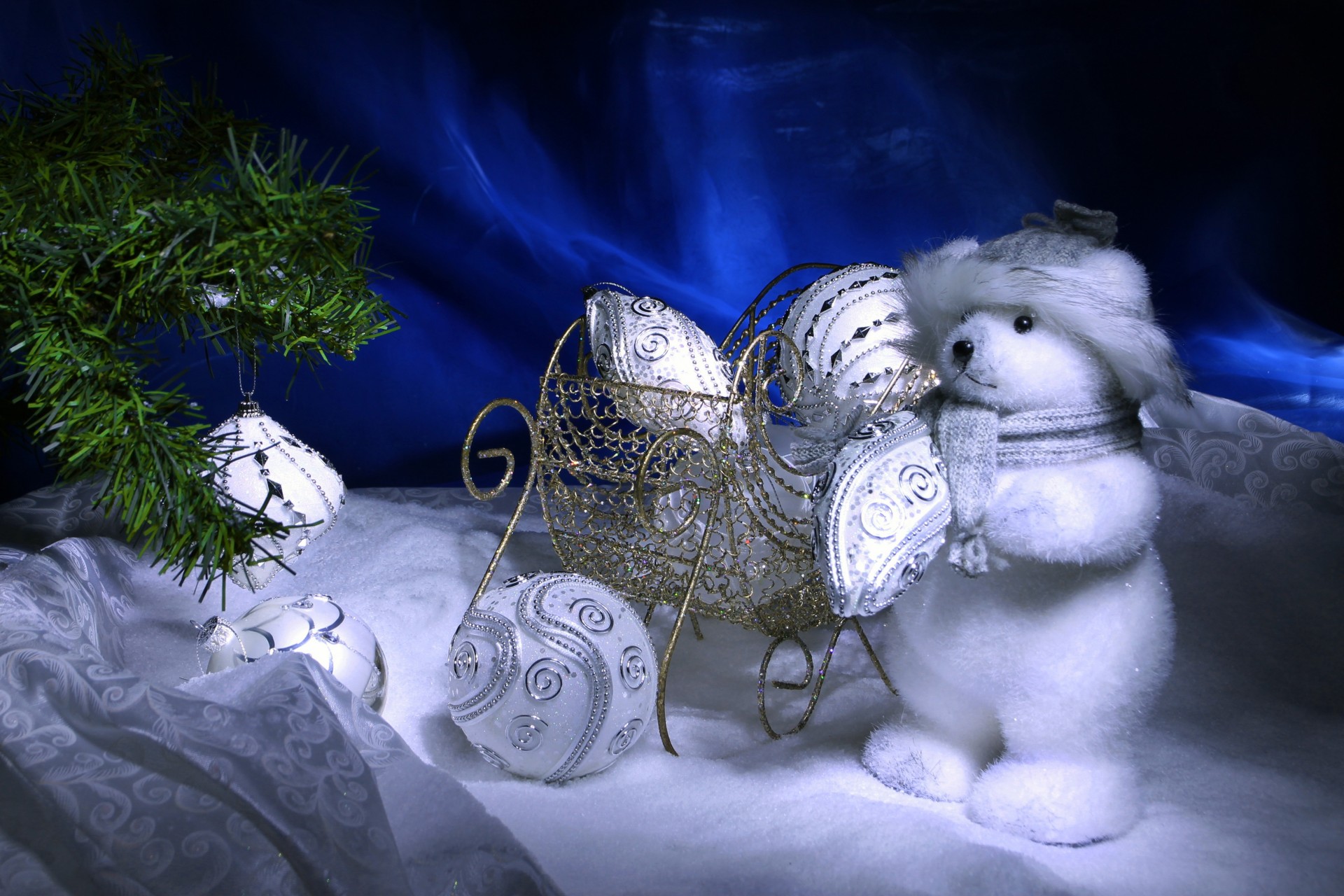 árbol de navidad bolas año nuevo trineo oso de peluche nieve juguetes