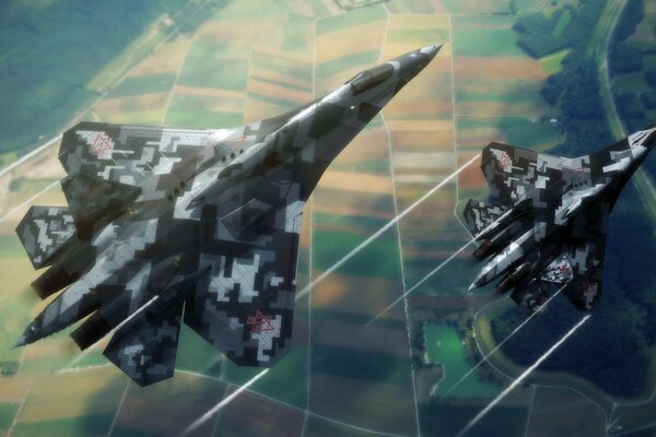 Dos aviones de combate rusos vuelan sobre la tierra