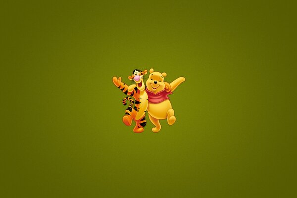 Winnie the Pooh y Tiger abrazados sobre un fondo verde oscuro