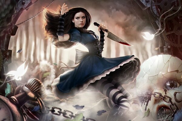 Alice Madness Retourns con un cuchillo ensangrentado en la mano