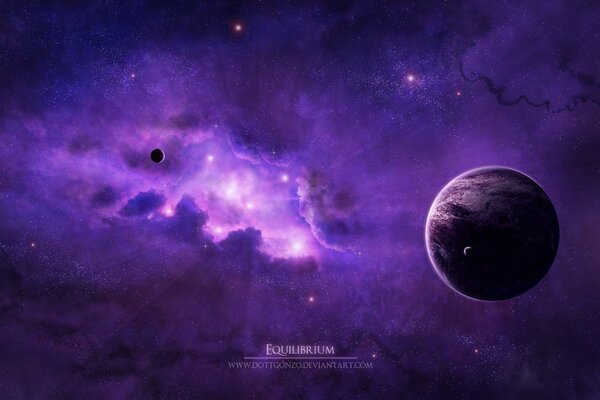 Sobre un fondo púrpura hermosas estrellas y planetas
