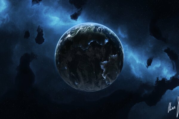 Planeta solitario en la nebulosa espacial azul
