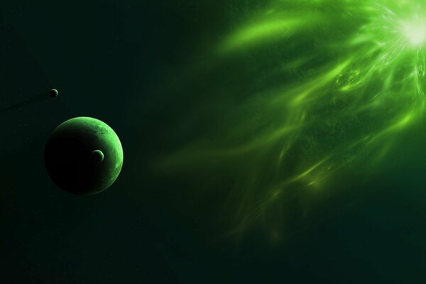 Radiación verde al planeta. Estrella verde brillante