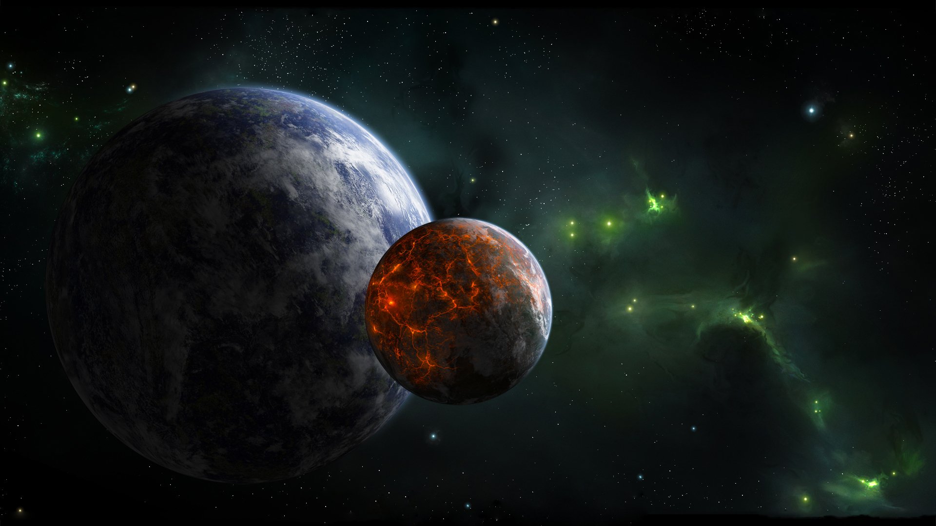 planeta satélite volcánico actividad estrellas verde nebulosa