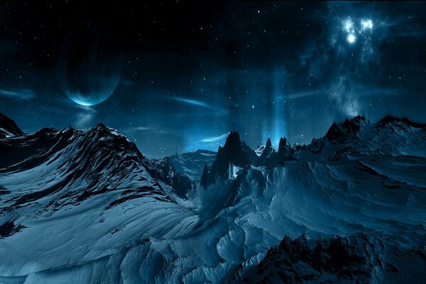 Cielo nocturno en un planeta frío y sin vida