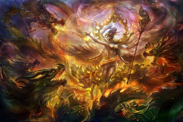 La chica de múltiples brazos con dragones realiza un rito mágico