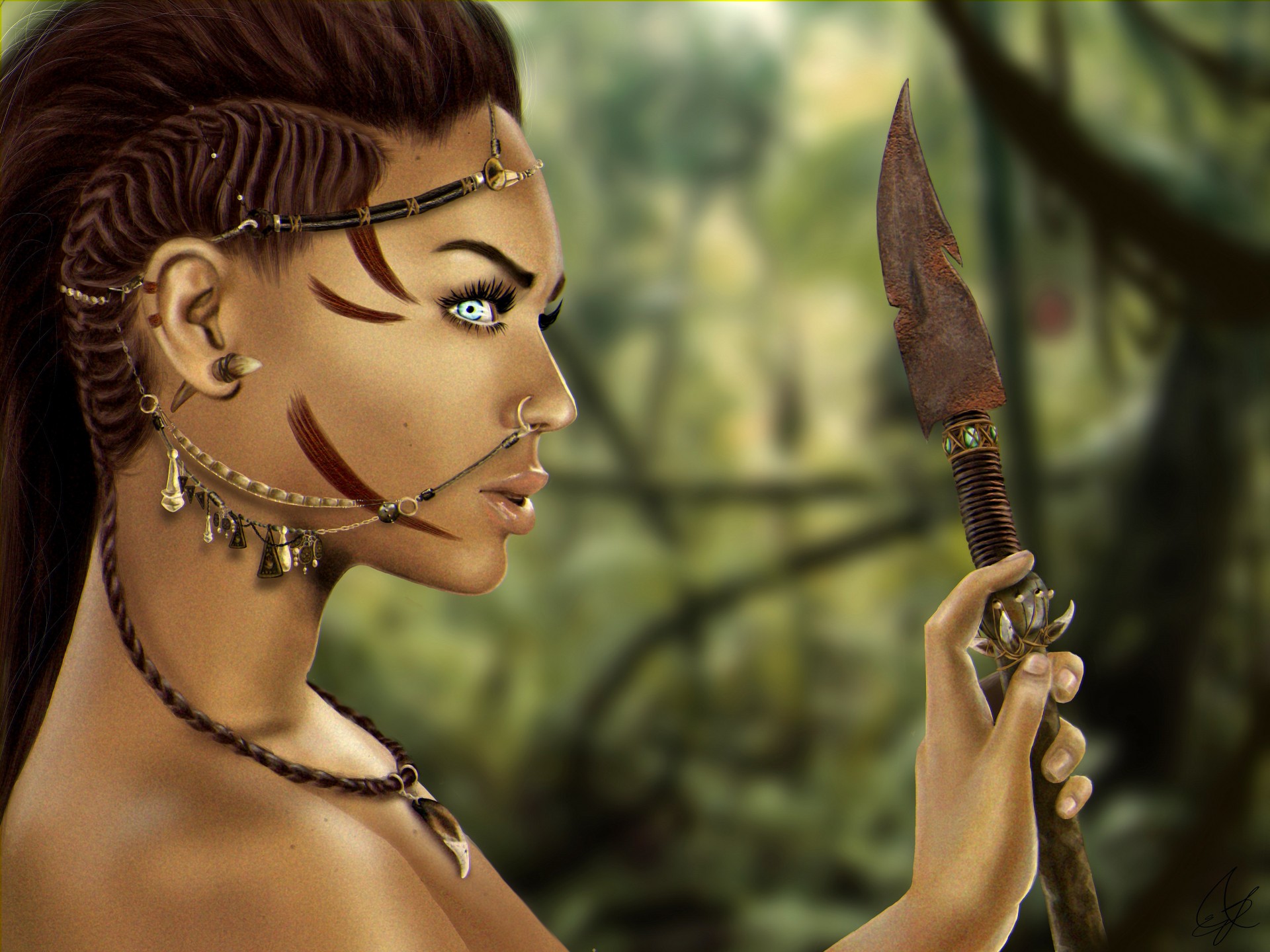 cara chica lara croft ojos lanza trenzas adornos perfil pestañas amazon