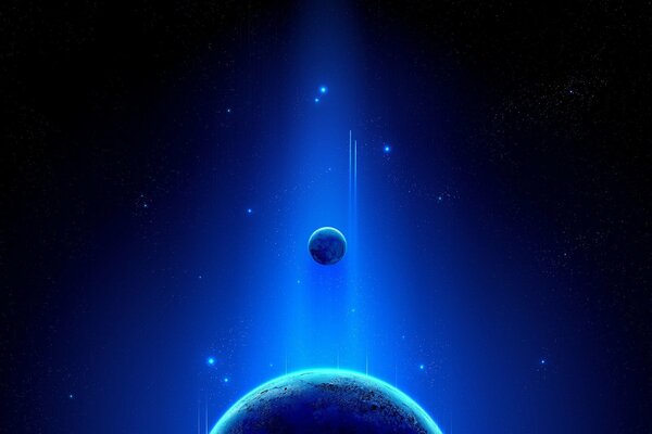 Un resplandor azul que ilumina un pequeño planeta
