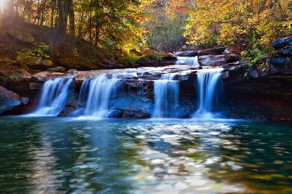 Hermosa cascada en el bosque de otoño