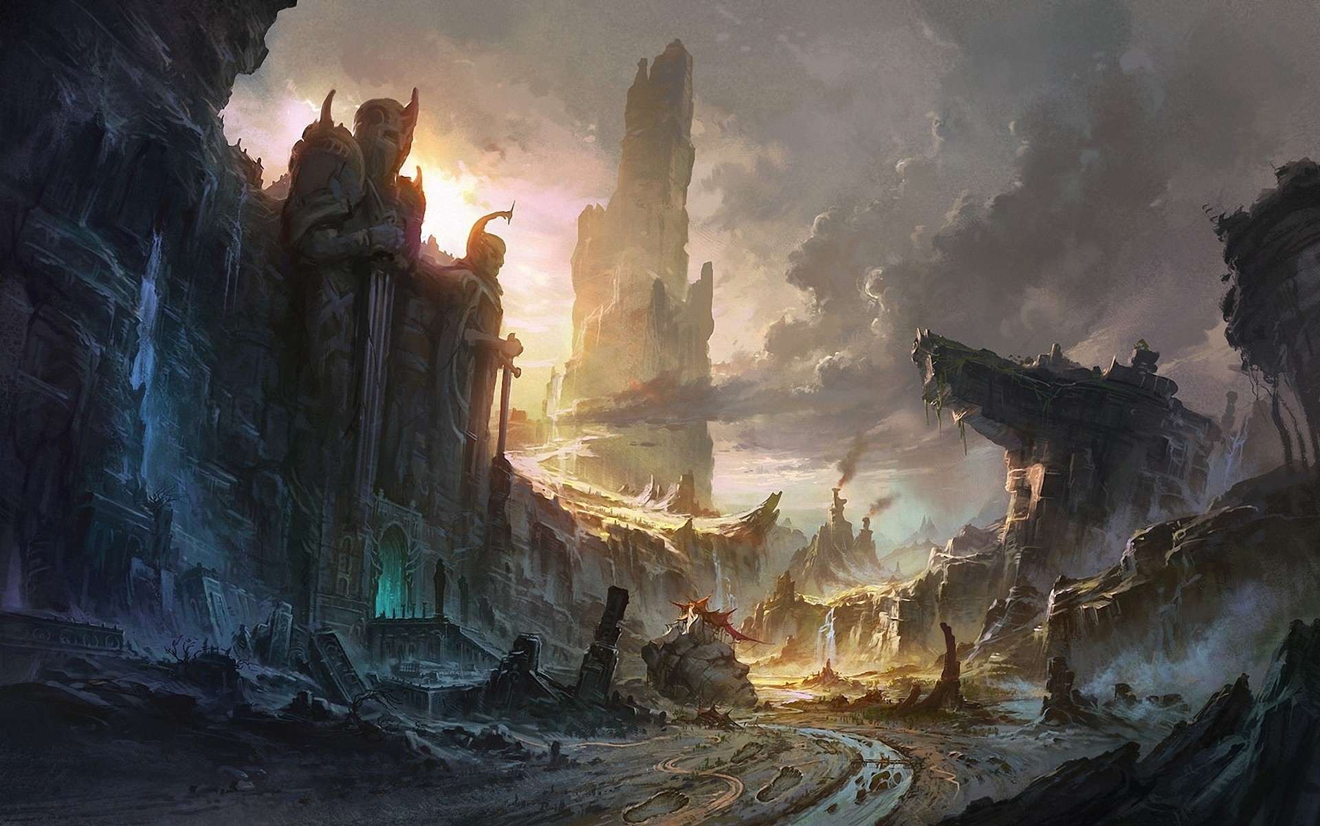 estatuas arte paisaje cascada río nubes entrada abandono picos amanecer ruinas montañas puesta de sol giantsike rocas