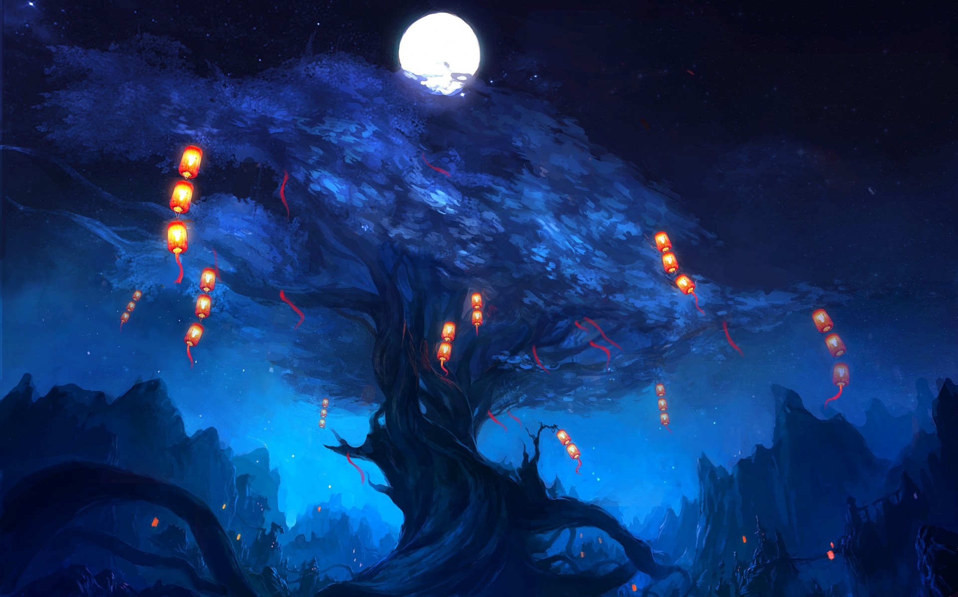 noche árbol naturaleza ciudad luna montañas linternas