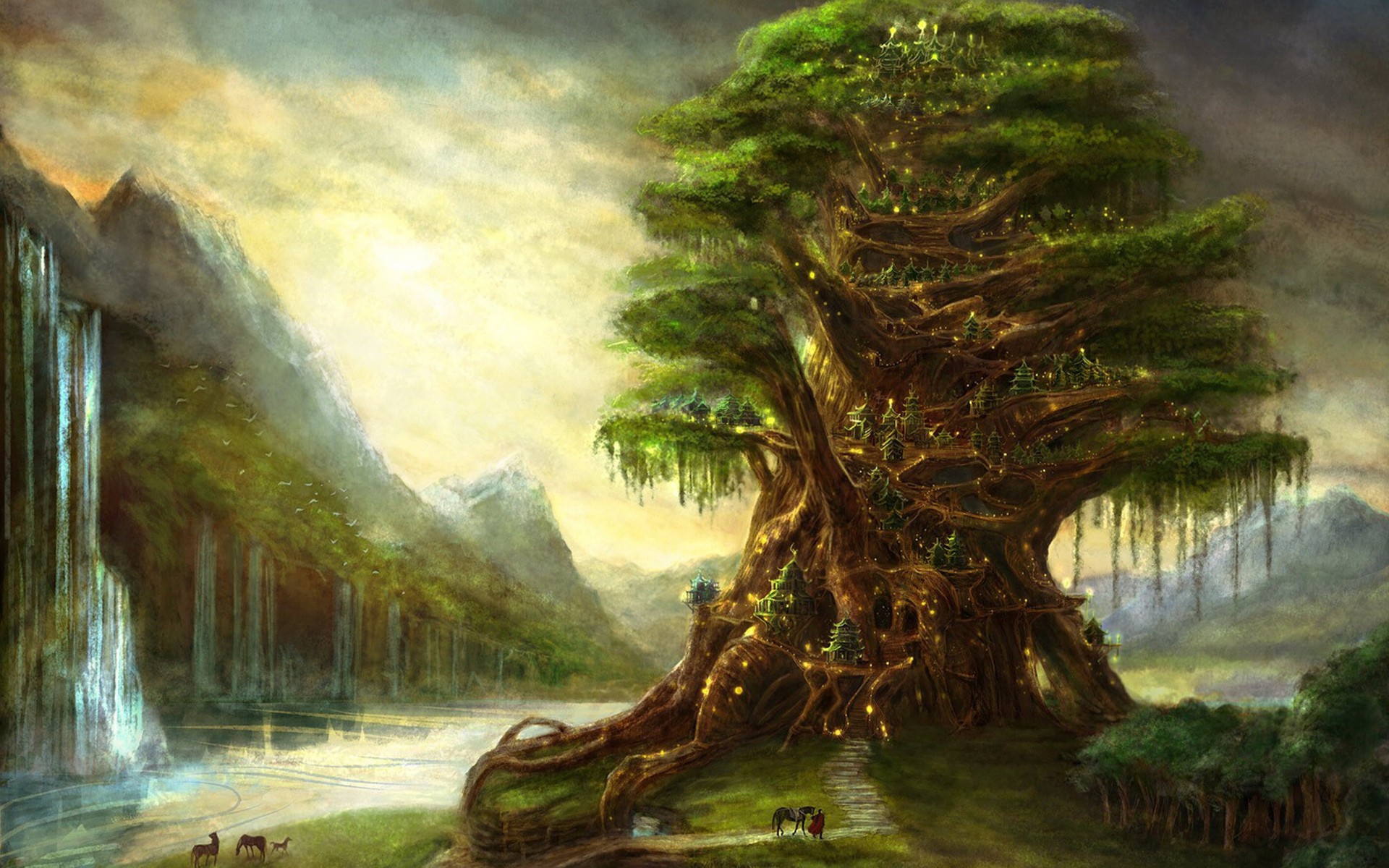 elfos magia figura cascada árbol