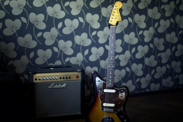 Guitarra con amplificador de pie contra la pared