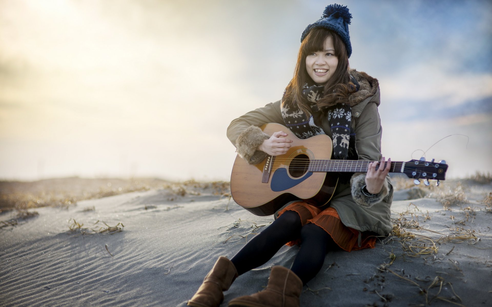 chica asiático guitarra música