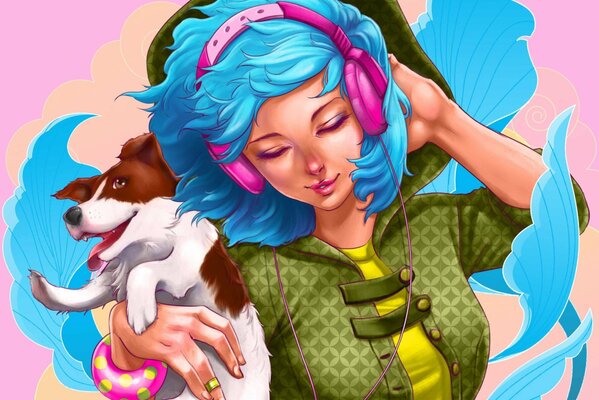 La chica con los auriculares se toca el pelo. brazalete en las manos. chica sosteniendo un perro mascota