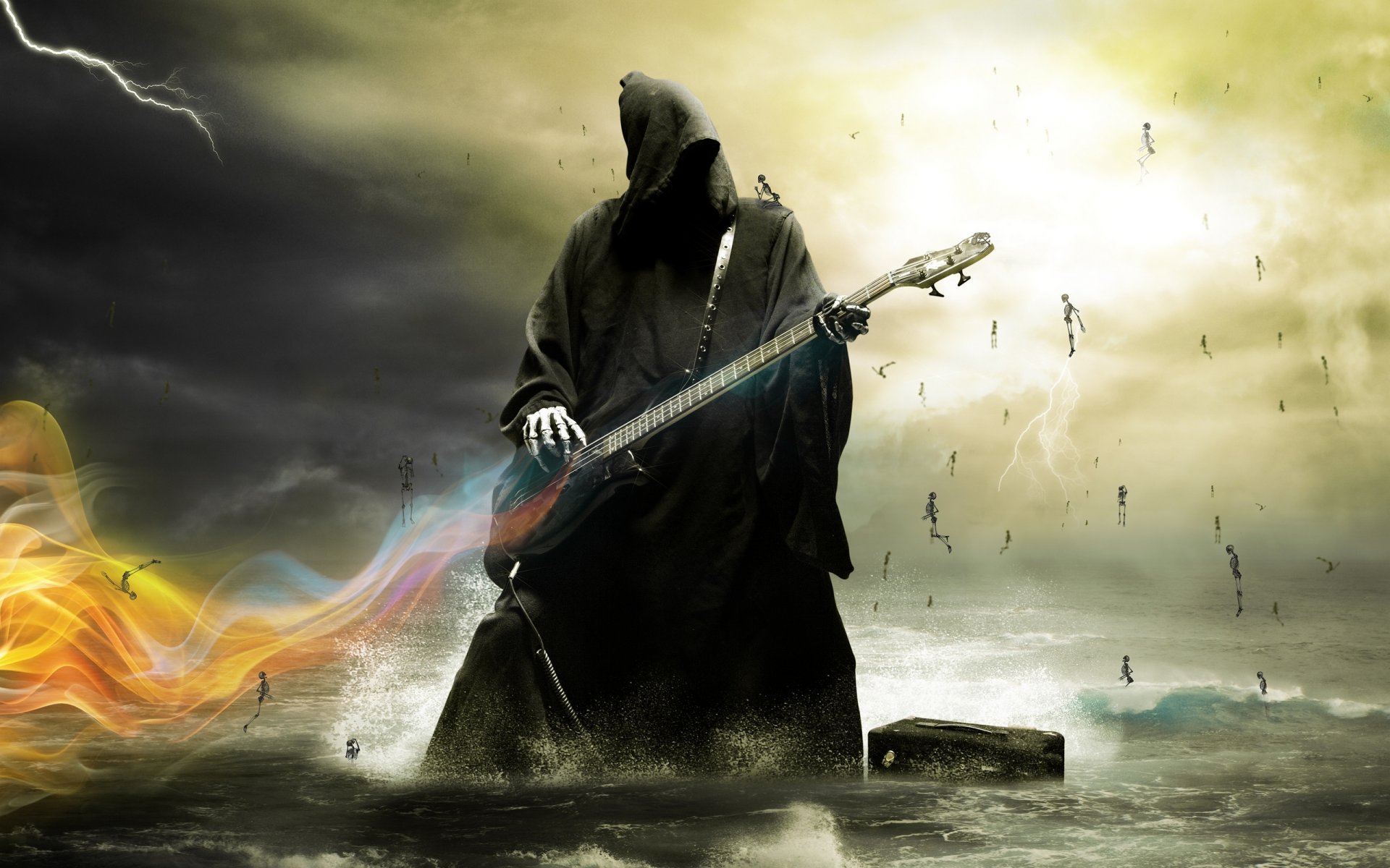 muerte guitarra eléctrica agua esqueletos cielo