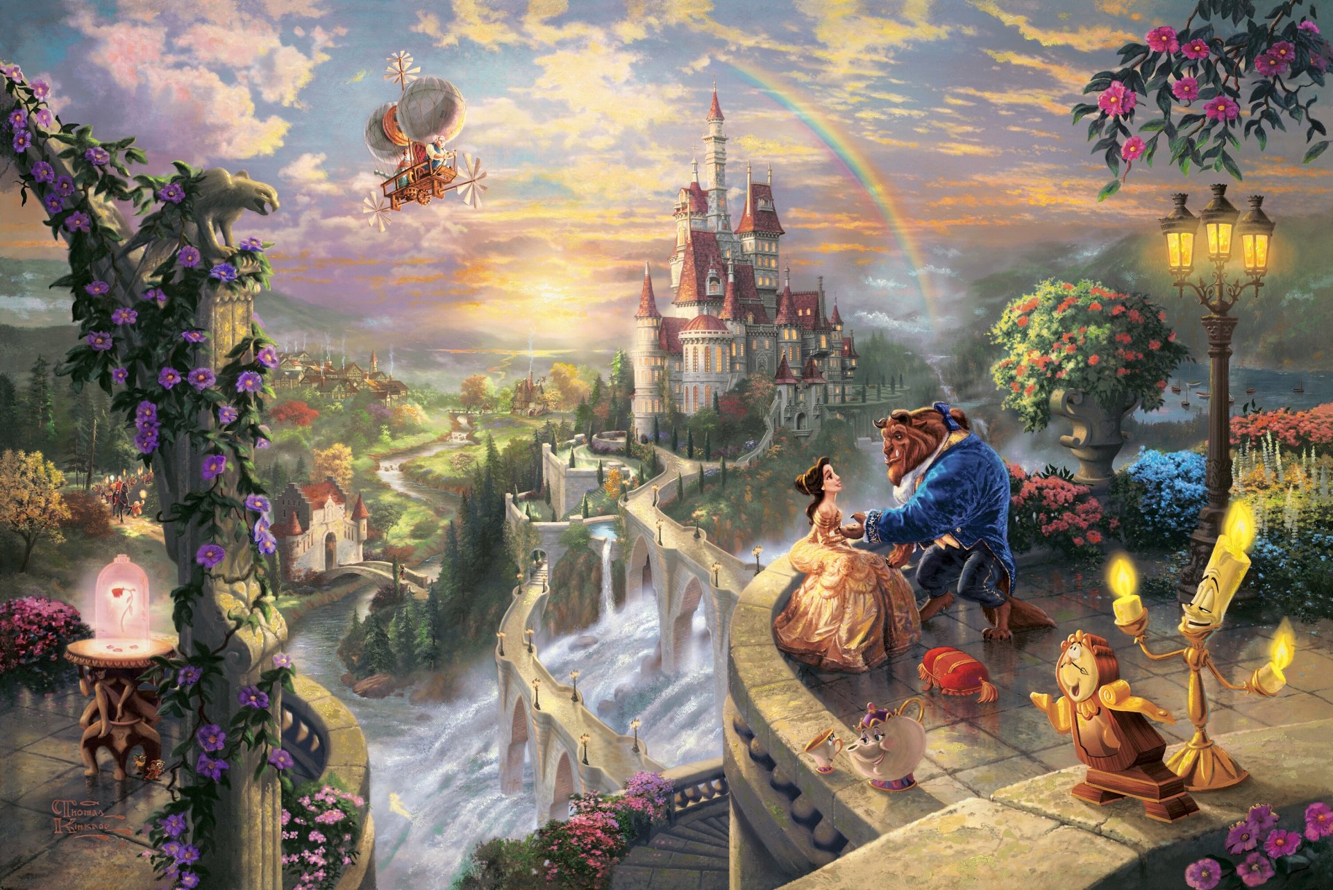 thomas kincaid la bella y la bestia enamorarse de disney sueña colección 50 aniversario belle príncipe arte castillo puesta de sol arco iris cuento de hadas fantasía historia de amor crecido la bella y la bestia belle príncipe disney arte amor pareja balcón lumiere