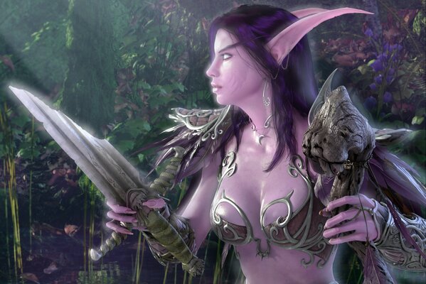 Imagen de fantasía de una elfa con un fragmento de espada en sus manos