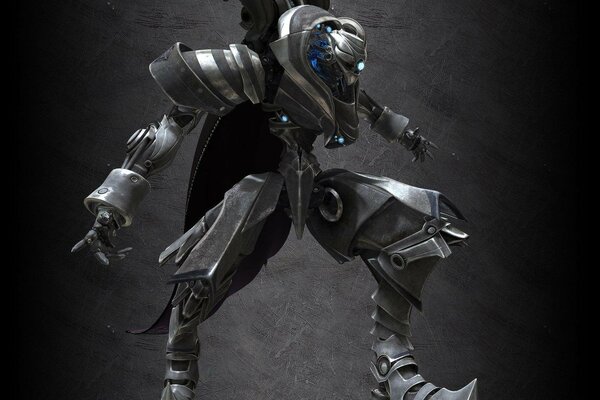Robot de metal con luz azul sobre fondo gris