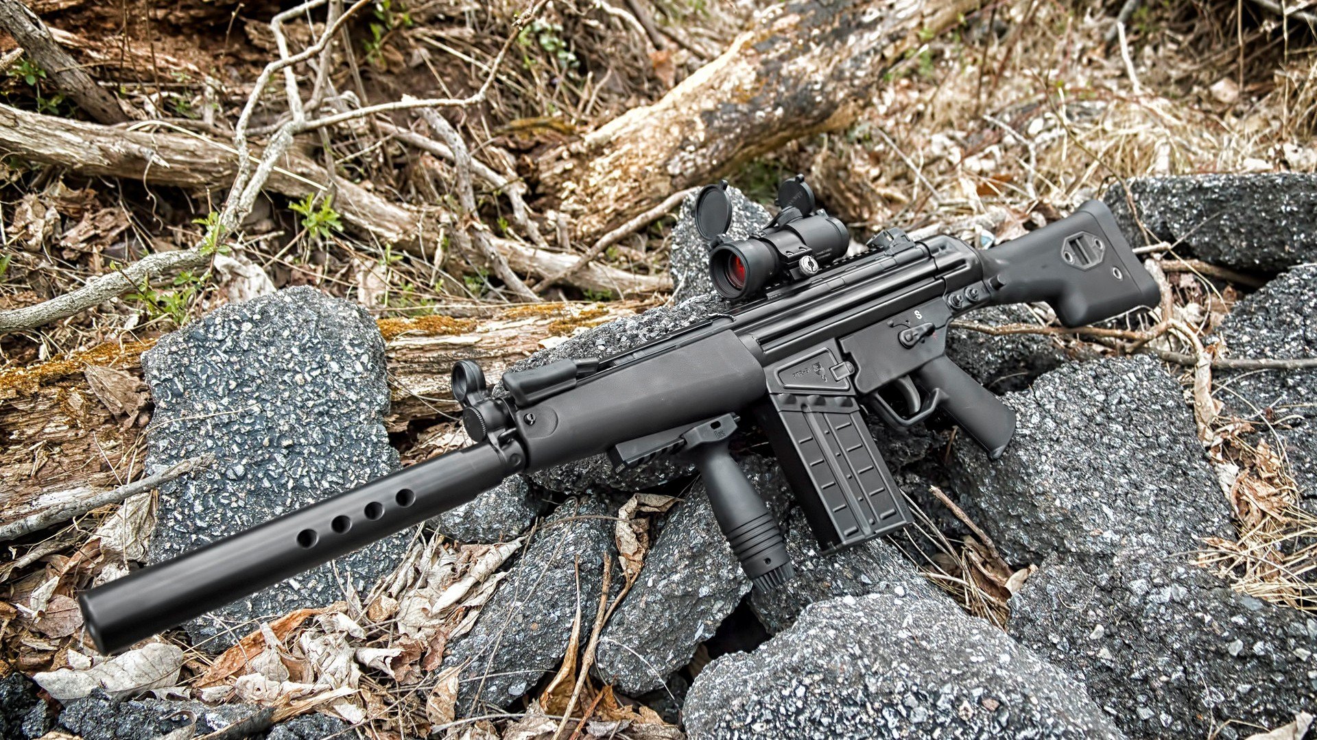 mp5 armas piedras leña hk 51 silenciador