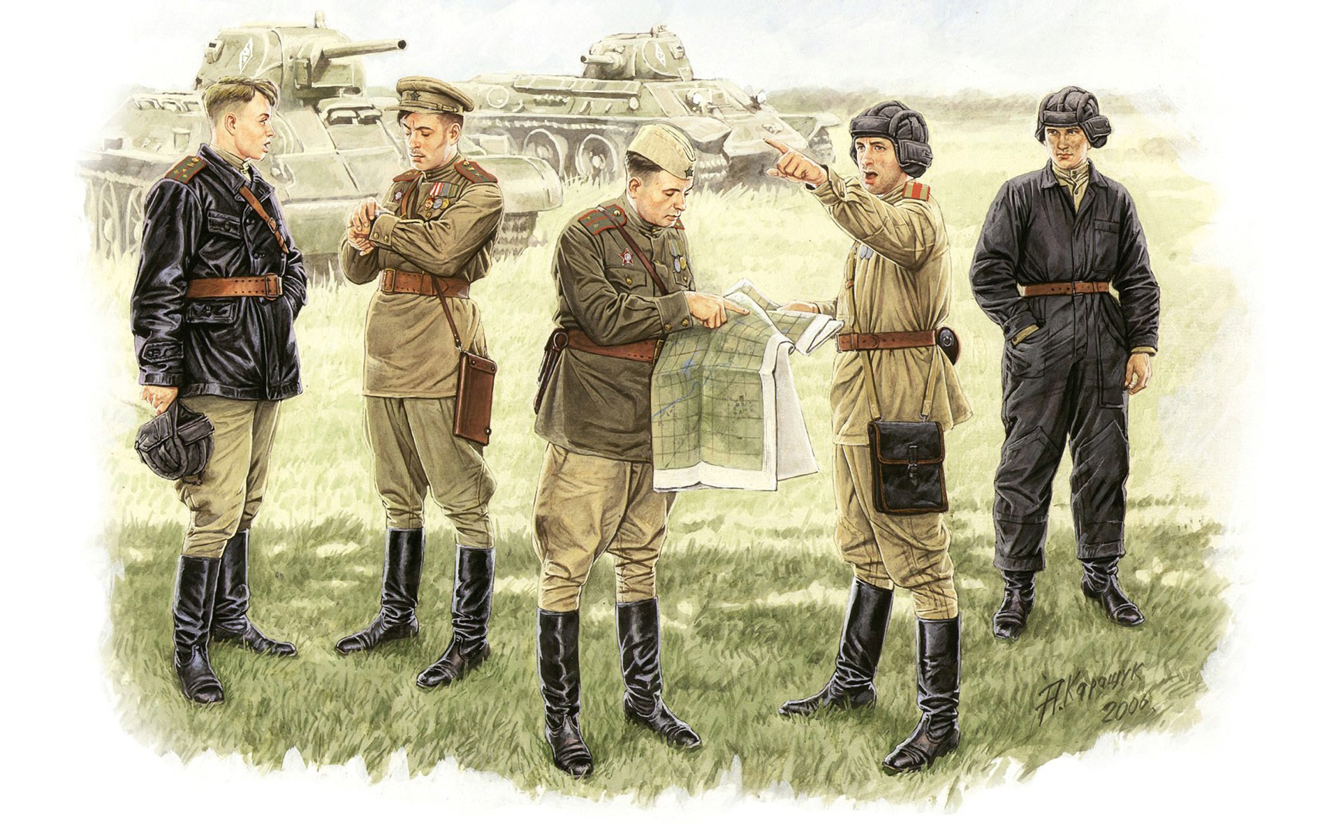 arte soldados soviéticos oficiales en campo condiciones reunión informativa urss segunda guerra mundial ww2 artista a. karashuk