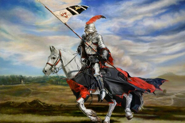 Caballero galopante con armadura con bandera