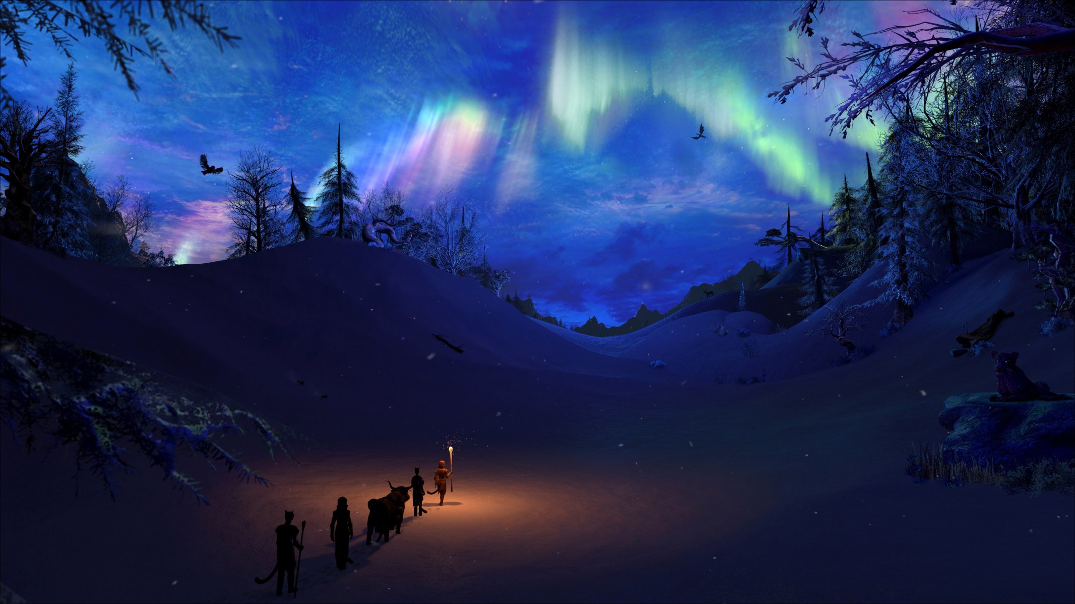 skyrim skyrim juego arte antorcha fuego invierno nieve abeto pinos cielo dragones