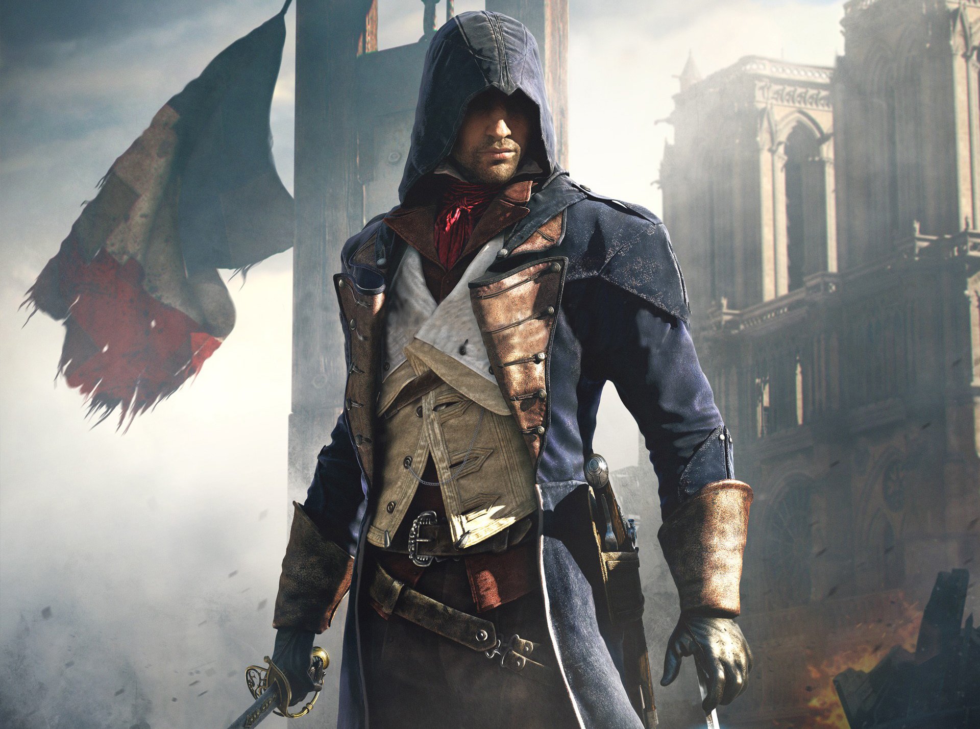 assassins creed: unidad arnaud asesino capucha parís pistola bandera casa espada hoja cielo ubisoft
