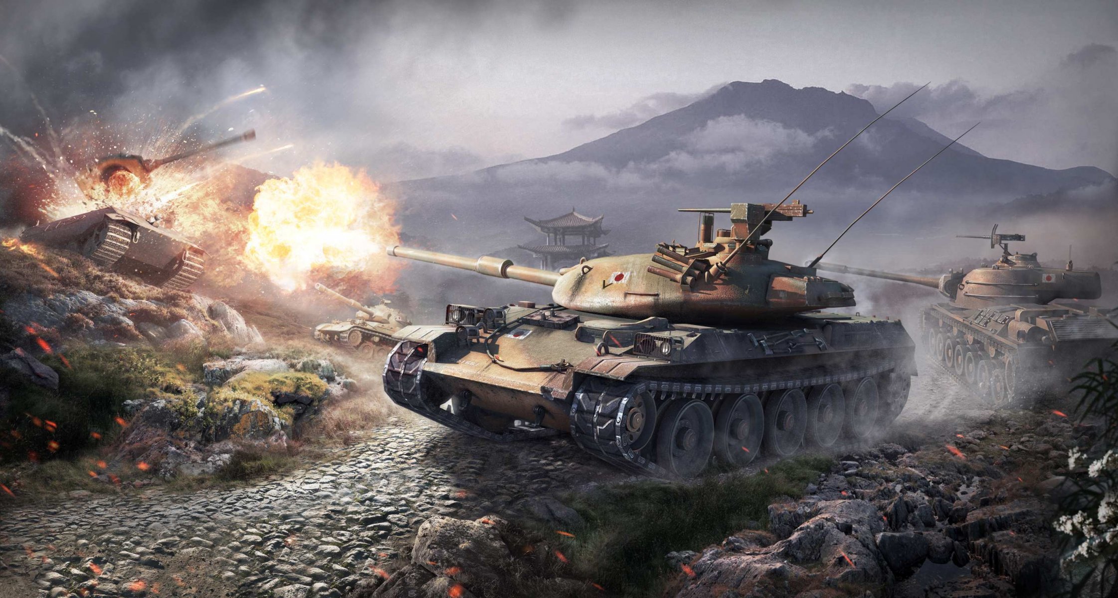mundo de los tanques wargaming neto wot japón stb-1 entrar 61 sta-1 tanques medianos e 75 tanque pesado alemania wg montañas tiro llama fuego nubes humo camuflaje