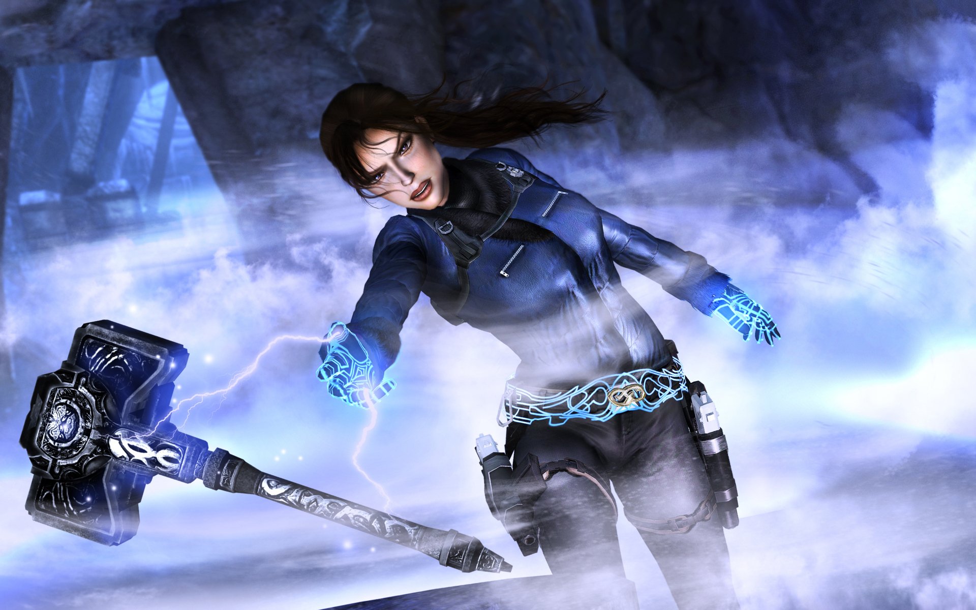 tomb raider lara croft chica cueva niebla martillo relámpagos