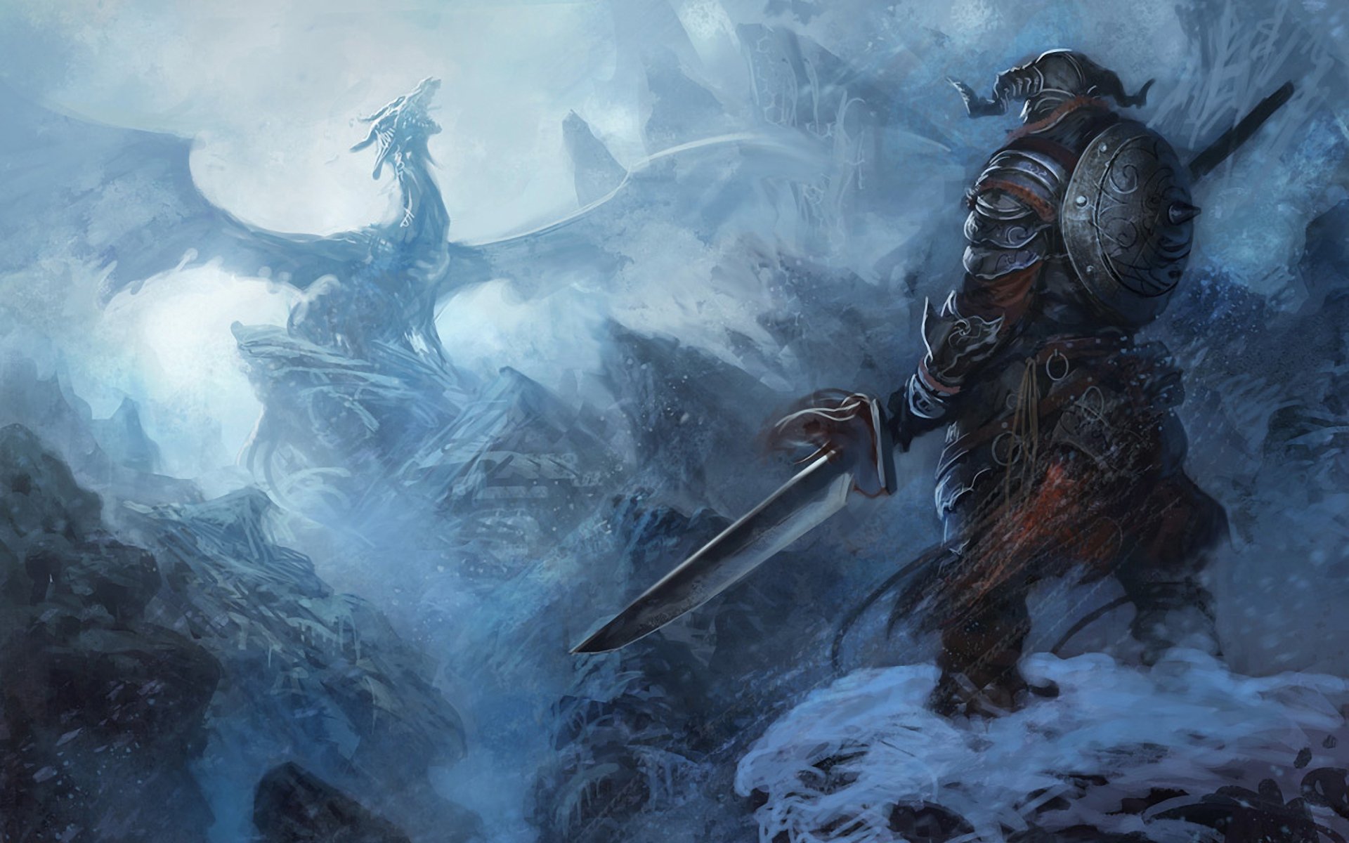 the elder scrolls skyrim guerrero armadura montañas nieve dragón