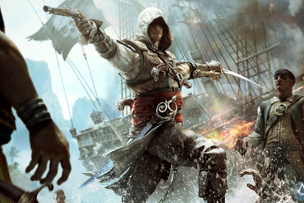 Un personaje de un juego de ordenador con armas en el fondo de los barcos