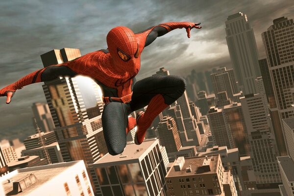 Spider-Man en vuelo sobre la ciudad