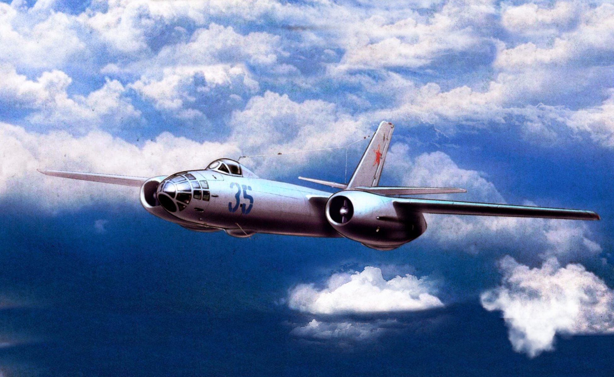 il-28 sabueso bombardero explorador ilyushin aviación arte cielo nubes alas vuelo