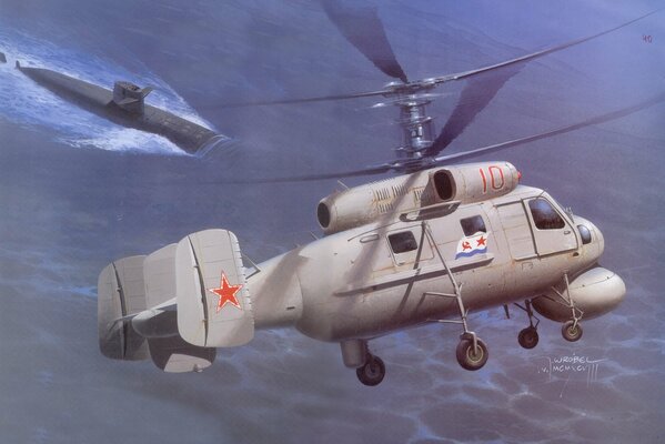 Un helicóptero soviético sobrevuela un submarino