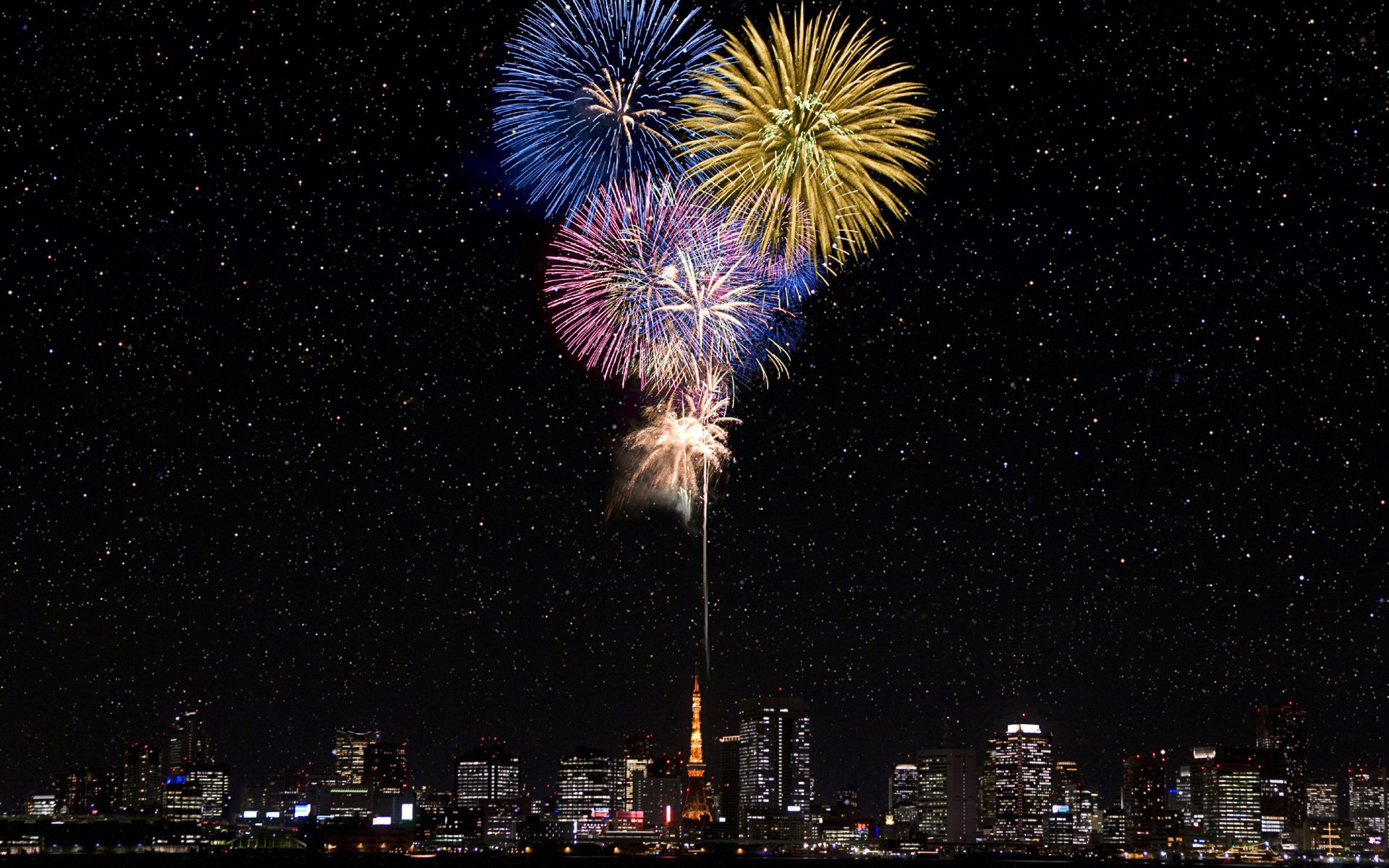 saludo fuegos artificiales estrellas tokio japón