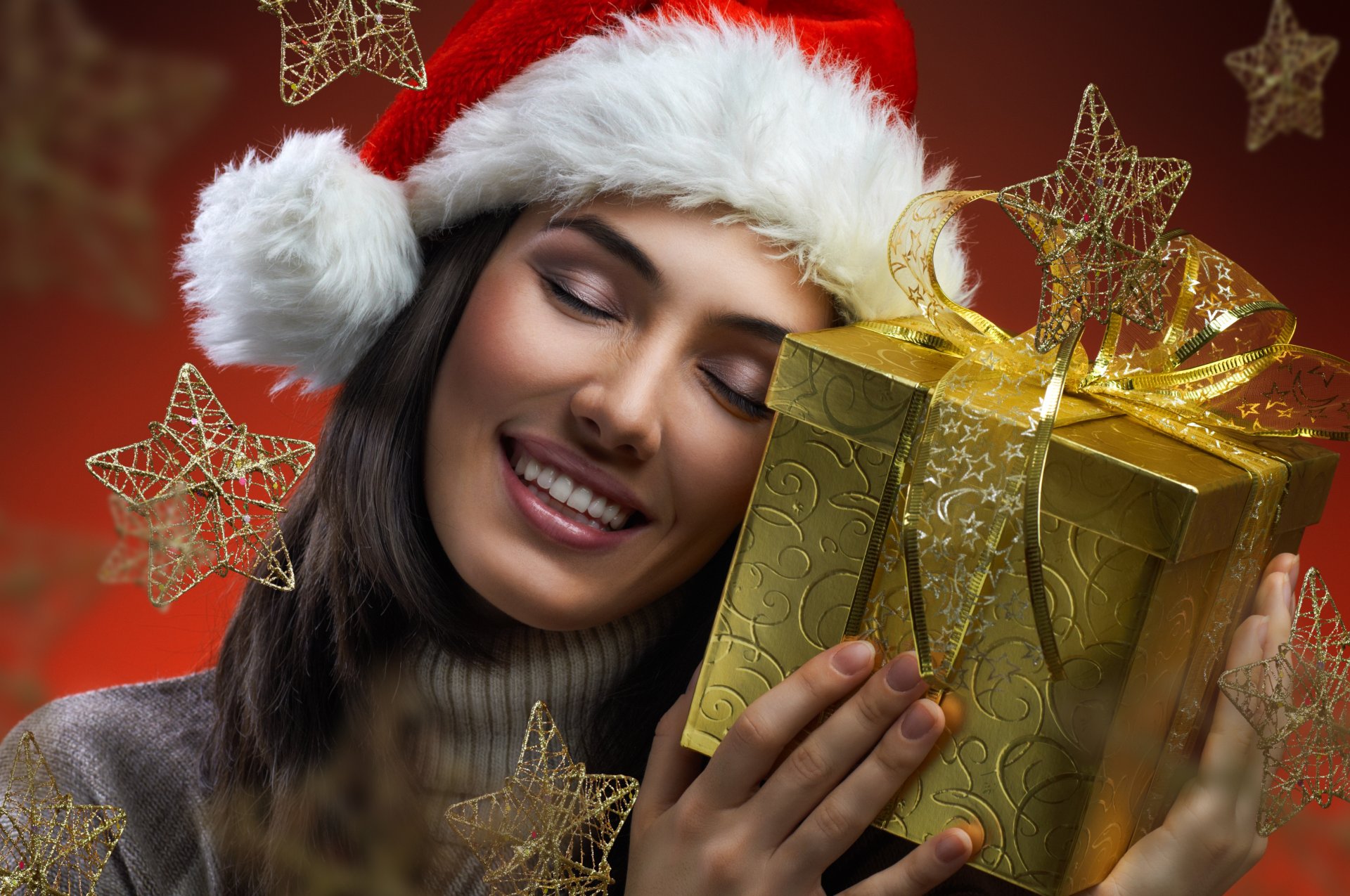 chica chica mujer feliz sonrisa hacer ojos año nuevo navidad vacaciones decoración