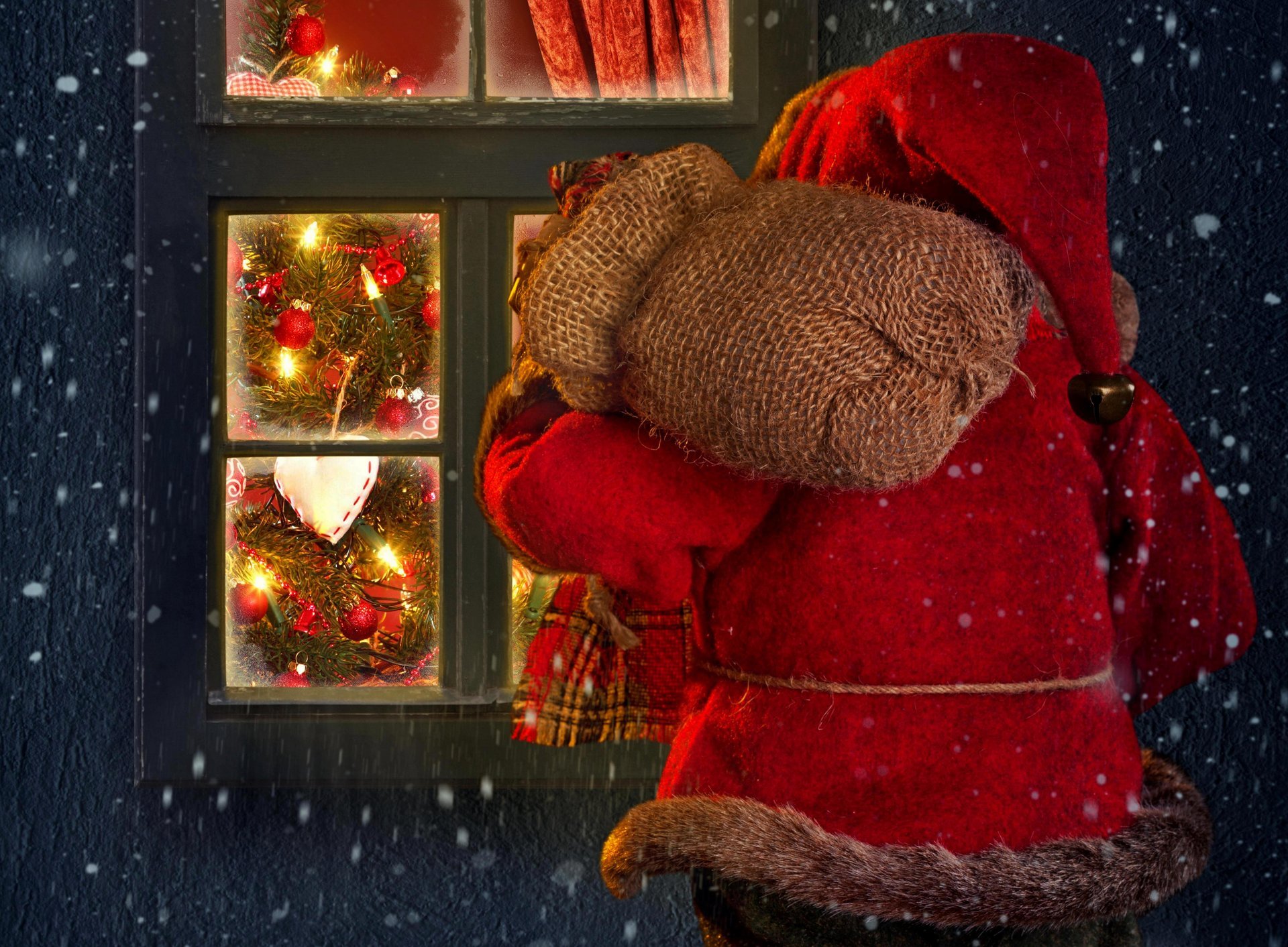invierno vacaciones nieve casa ventana feliz navidad santa claus árbol de navidad linternas invierno luces vacaciones feliz navidad